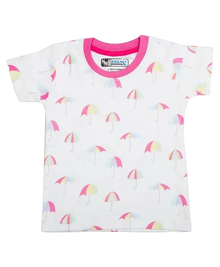 SWANKY ME Half Sleeves Umbrella Print T-Shirt - White
