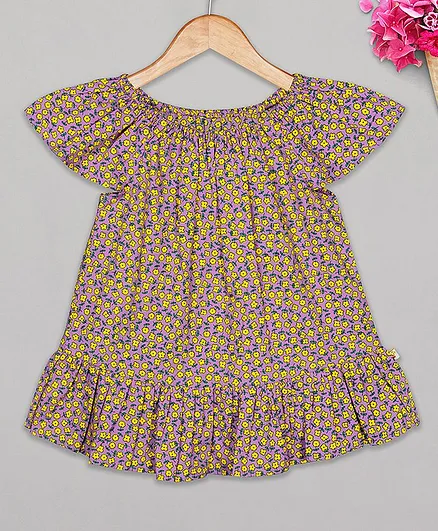 Budding Bees Half Sleeves Floral Print Dress - Purple