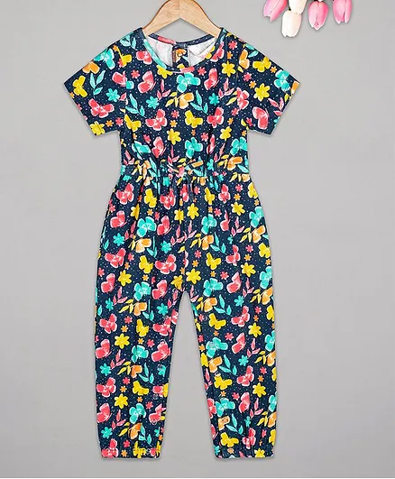 Budding Bees Half Sleeves Butterfly Print Jumpsuit - Multi