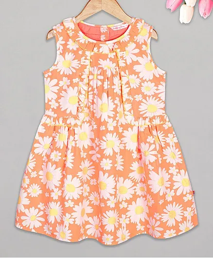 Budding Bees Sleeveless Floral Print Dress - Orange