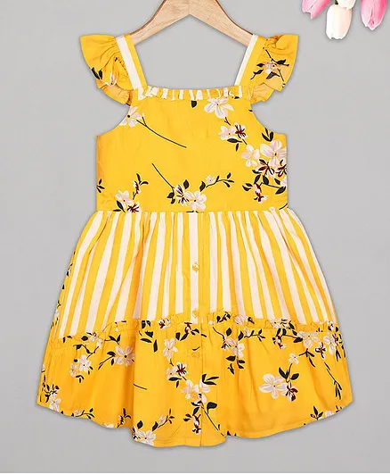 Budding Bees Cap Sleeves Floral Print Dress - Yellow