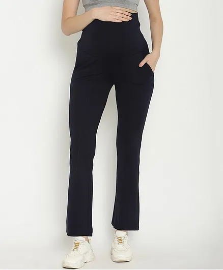 Wobbly Walk Solid Colour High Waist Boot Cut Maternity Pants - Navy Blue