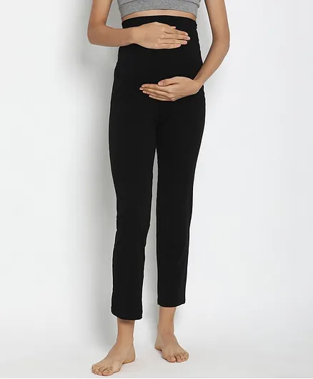 Wobbly Walk Full Length Solid High-Waist Maternity Casual Pants - Black