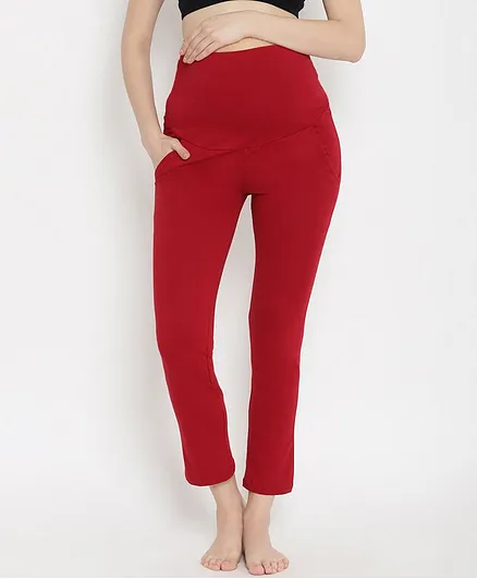 Wobbly Walk Full Length Solid High-Waist Maternity Casual Pants - Maroon