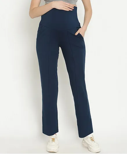 Wobbly Walk Solid Colour High Waist Maternity Pyjamas - Navy Blue