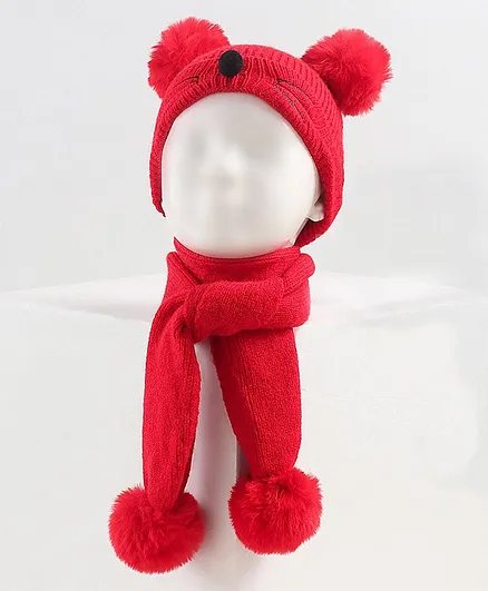 Babyhug Woollen Cap with Muffler & Mittens Red - Diameter 12 cm