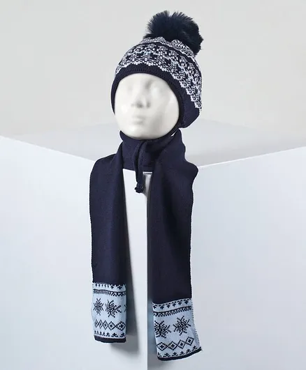 Babyhug Woolen Cap, Mittens and Scarf Blue - Cap Diameter 9.5 cm