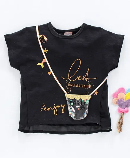 Little Kangaroos Half Sleeves Top With a Little Purse - Black