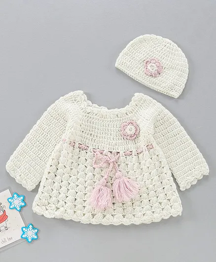Babyhug Full Sleeves Woolen Dress with Cap - Off white