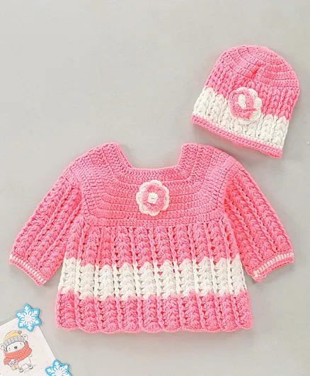 Babyhug Full Sleeves Woolen Dress with Cap - Pink