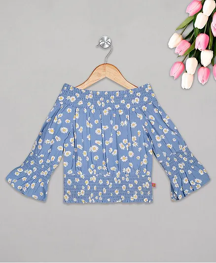 Budding Bees Full Sleeves Floral Print Smoking Top - Blue