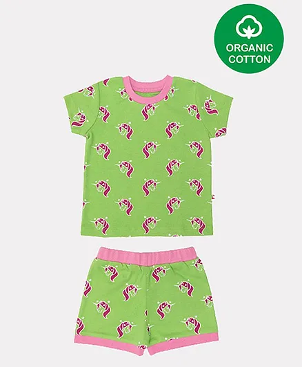 Nino Bambino Organic Cotton Half Sleeves Unicorn Printed Tee With Shorts - Light Green