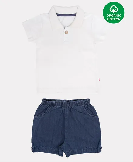 Nino Bambino Half Sleeves Organic Cotton Solid Polo Tee With Shorts - White & Blue