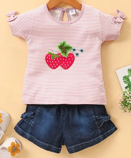 Little Folks Half Sleeves Tshirt with Denim Shorts - Pink