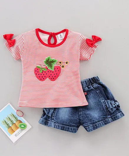 Little Folks Half Sleeves Tshirt with Denim Shorts - Red