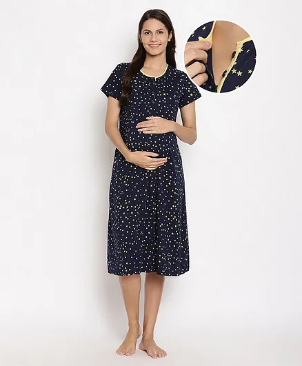 Bella Mama Star Print Half Sleeves Maternity Nighty - Blue