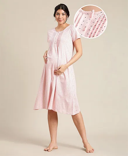 Bella Mama Half Sleeves Heart Print Knee Length Nighty - Peach