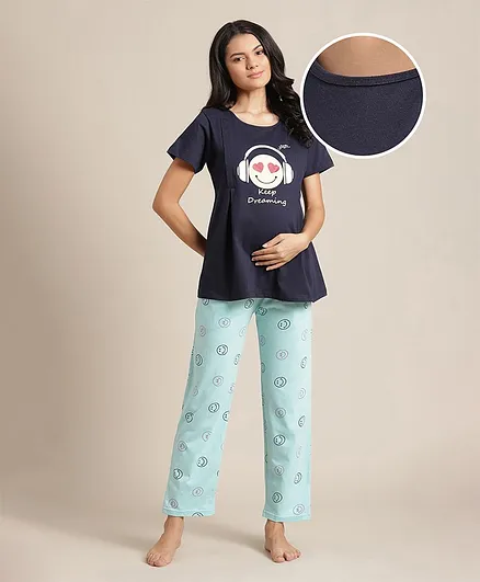 Bella Mama Half Sleeves Maternity Night Suit - Blue