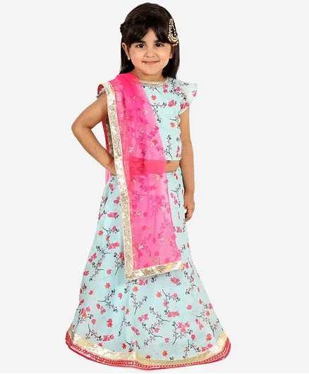 Lil Peacock Cap Sleeves Flower Printed Choli Ghagra With Dupatta Set - Green