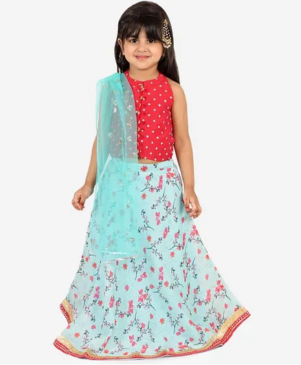 Lil Peacock Sleeveless Floral Embroidered Choli With Printed Ghaghra & Dupatta Set - Red