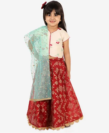 Lil Peacock Cap Sleeves Floral Embroidered Choli With Chanderi Ghaghra & Dupatta Set - Red