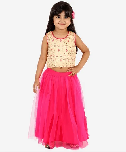 Lil Peacock Sleeveless Printed Choli With Net Ghaghra Set - Off White