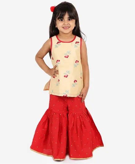Lil Peacock Sleeveless Embroidered Kurta With Sharara Set - Off White