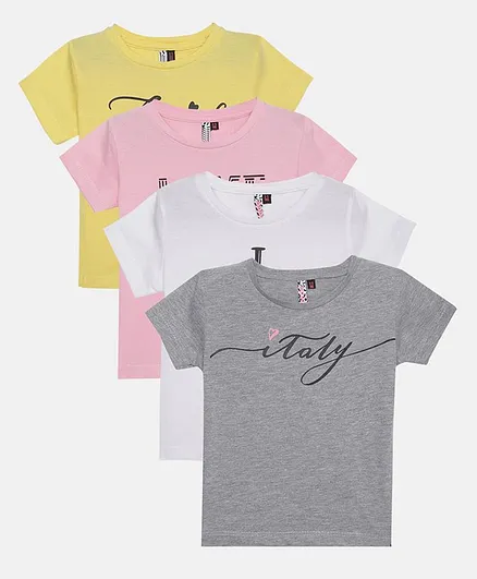 Actuel Pack Of 4 Half Sleeves 100% Cotton Italy Print T-Shirt - White Yellow Pink & Grey