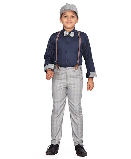 AJ Dezines Full Sleeves Shirt With Checked Pants & Bow Tie With Cap & Suspenders - Blue
