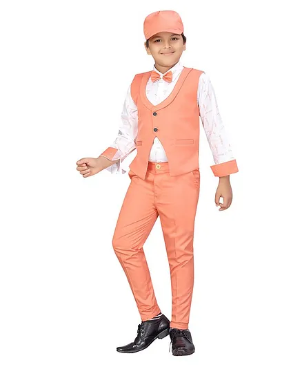 AJ Dezines Full Sleeves Shirt With Pants & Bow Tie With Cap - Peach