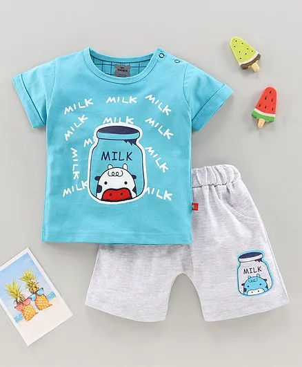 Mini Taurus Half Sleeves Tee & Shorts Milk Print - Blue Grey