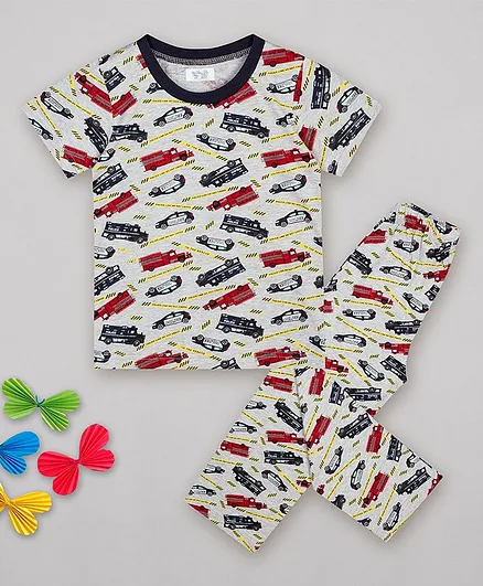 Sheer Love Police Cars Printed Half Sleeves Night Suit - Grey