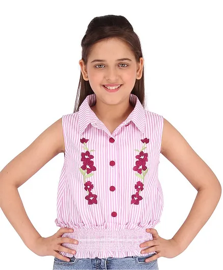 Cutecumber Sleeveless Striped Floral Embroidered Top - Pink