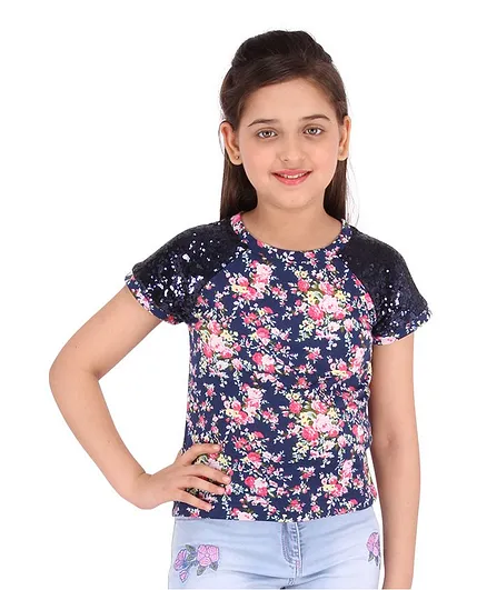 Cutecumber Half Sleeves Floral Printed Top - Navy
