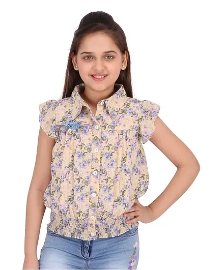 Cutecumber Cap Sleeves Floral Printed Top - Yellow