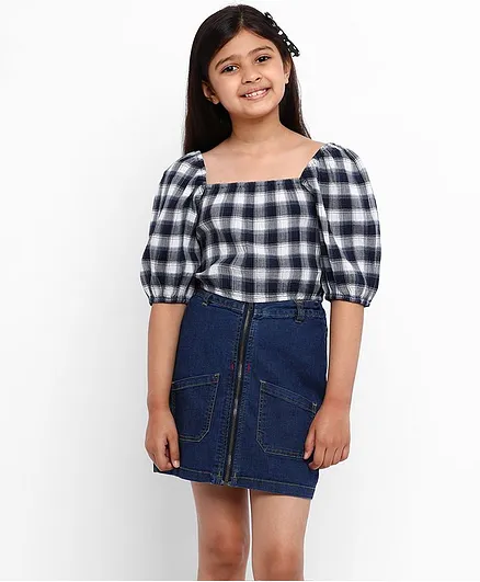 Natilene Half Sleeves Checkered Cotton Top - Navy