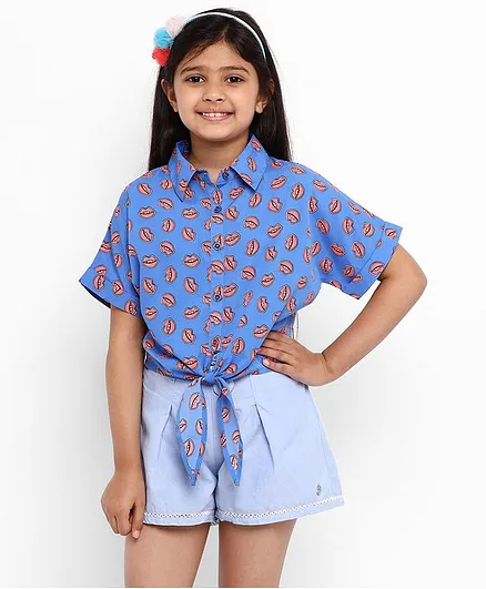 Natilene Half Sleeves Lips Printed Polyester Shirt Style Top - Blue