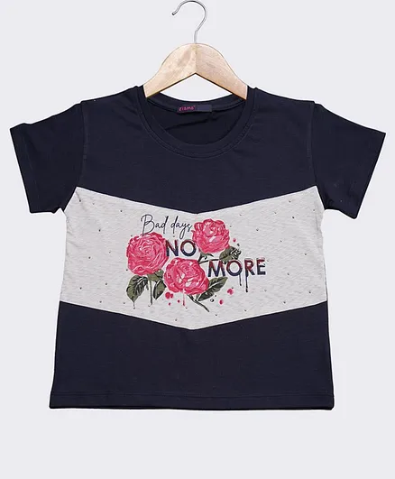 Ziama Short Sleeves Rose Print Top - Blue