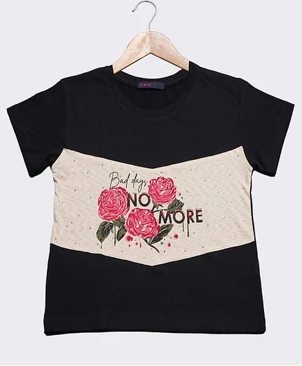 Ziama Short Sleeves Rose Print Top - Black