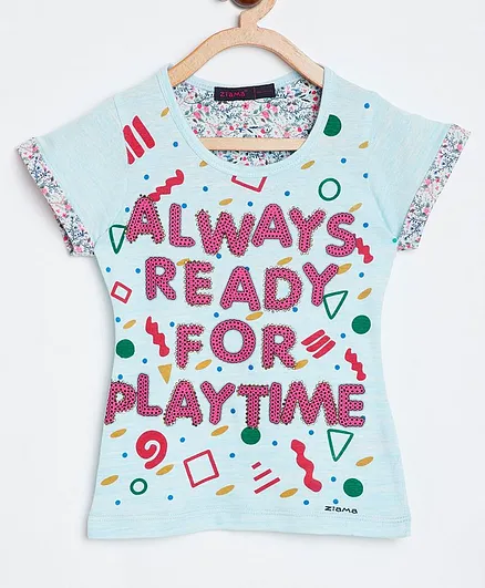 Ziama Short Sleeves Text Design Top - Blue