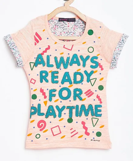 Ziama Short Sleeves Text Design Top - Peach
