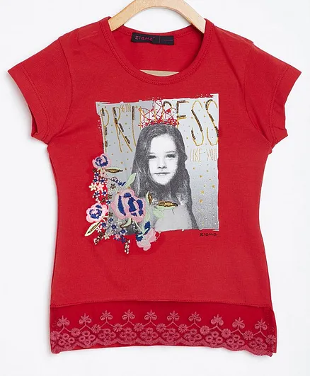 Ziama Short Sleeves Barbie Print Lace Hem Top - Red