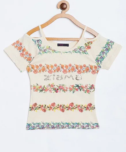 Ziama Short Sleeves Flower Print Top - Off White