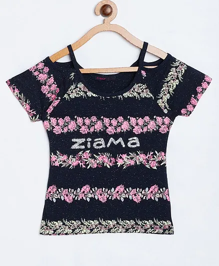 Ziama Short Sleeves Flower Print Top - Navy Blue