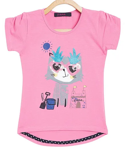 Ziama Short Sleeves Kitty Design Top - Pink