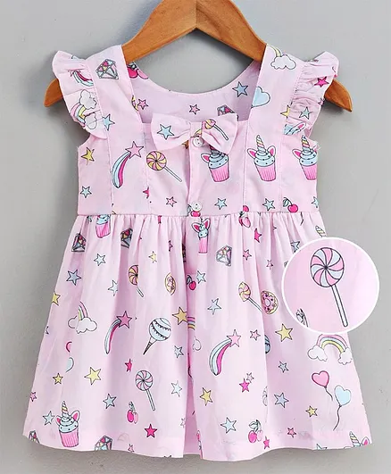Simply Flutter Sleeves Frock Cup Cake Print - Pink