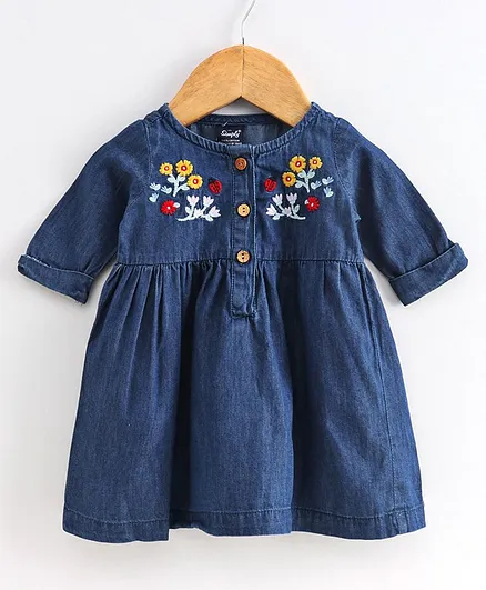 Simply Full Sleeves Frock Floral Embroidery - Blue