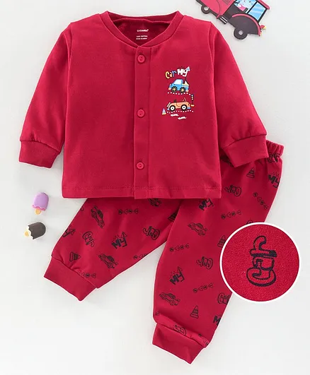 Cucumber Full Sleeves Winter Wear Night Suit Car Print - Maroon