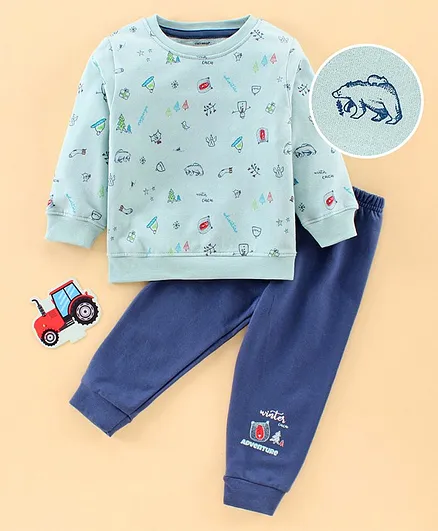 Cucumber Full Sleeves Winter Wear Suits Bear Print - Blue