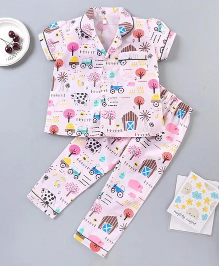Dew Drops Half Sleeves Pyjama Sets - Pink